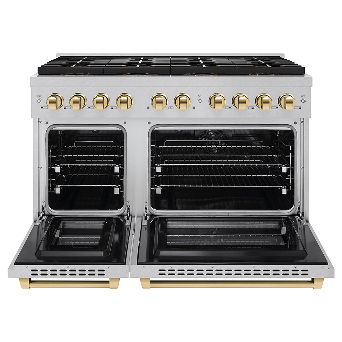 ZLINE 48 in. Dual Fuel Range 6.7 cu. ft. 8 Burners DuoPro Cooktop Dual Ovens Satin Stainless Steel Polished Gold Accents (PSDRSZ-48-G)