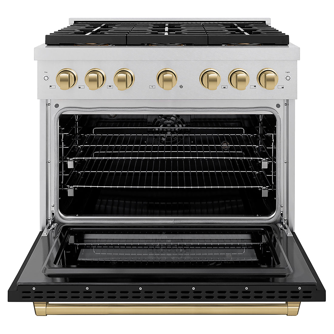 ZLINE 36 in. Dual Fuel Range 5.2 cu. ft. 6 Burner DuoPro™ Cooktop Electric Convection Oven Satin Stainless Steel Black Matte Door Champagne Bronze Accents (PSDRSZ-BLM36-CB)
