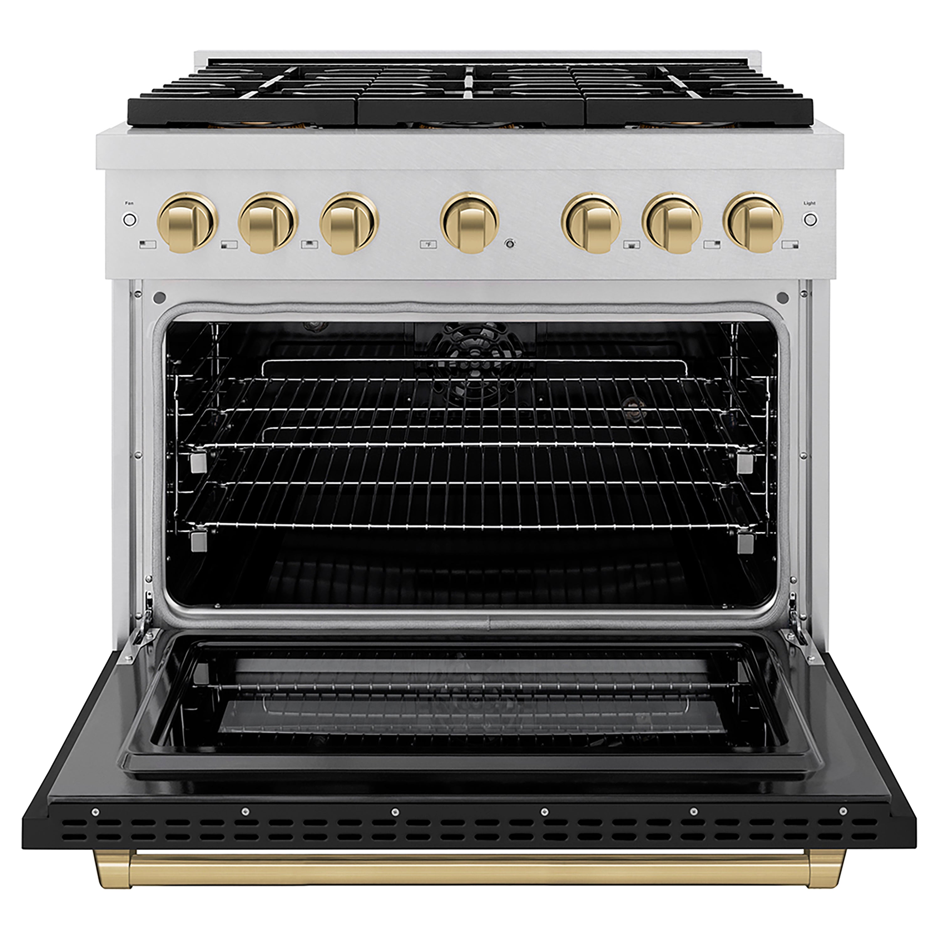 ZLINE 36 in. Dual Fuel Range 5.2 cu. ft. 6 Burner DuoPro™ Cooktop Electric Convection Oven Satin Stainless Steel Black Matte Door Champagne Bronze Accents (PSDRSZ-BLM36-CB)