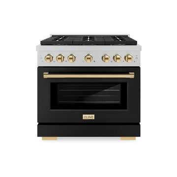 ZLINE 36 in. Dual Fuel Range 5.2 cu. ft. 6 Burner DuoPro™ Cooktop Electric Convection Oven Satin Stainless Steel Black Matte Door Polished Gold Accents (PSDRSZ-BLM36-G)