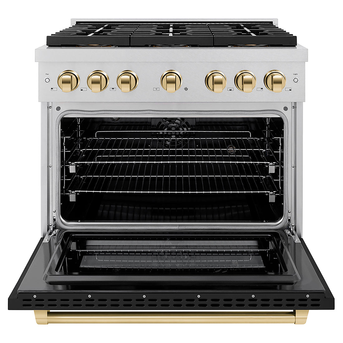 ZLINE 36 in. Dual Fuel Range 5.2 cu. ft. 6 Burner DuoPro™ Cooktop Electric Convection Oven Satin Stainless Steel Black Matte Door Polished Gold Accents (PSDRSZ-BLM36-G)