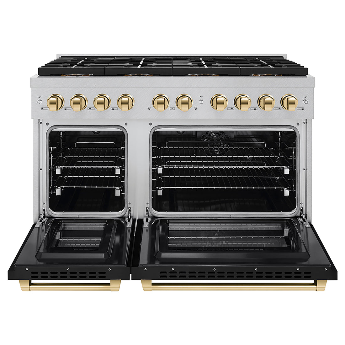 ZLINE 48 in. Dual Fuel Range 6.7 cu. ft. 8 Burner DuoPro™ Cooktop Dual Ovens Satin Stainless Steel Black Matte Doors Polished Gold Accents (PSDRSZ-BLM48-G)