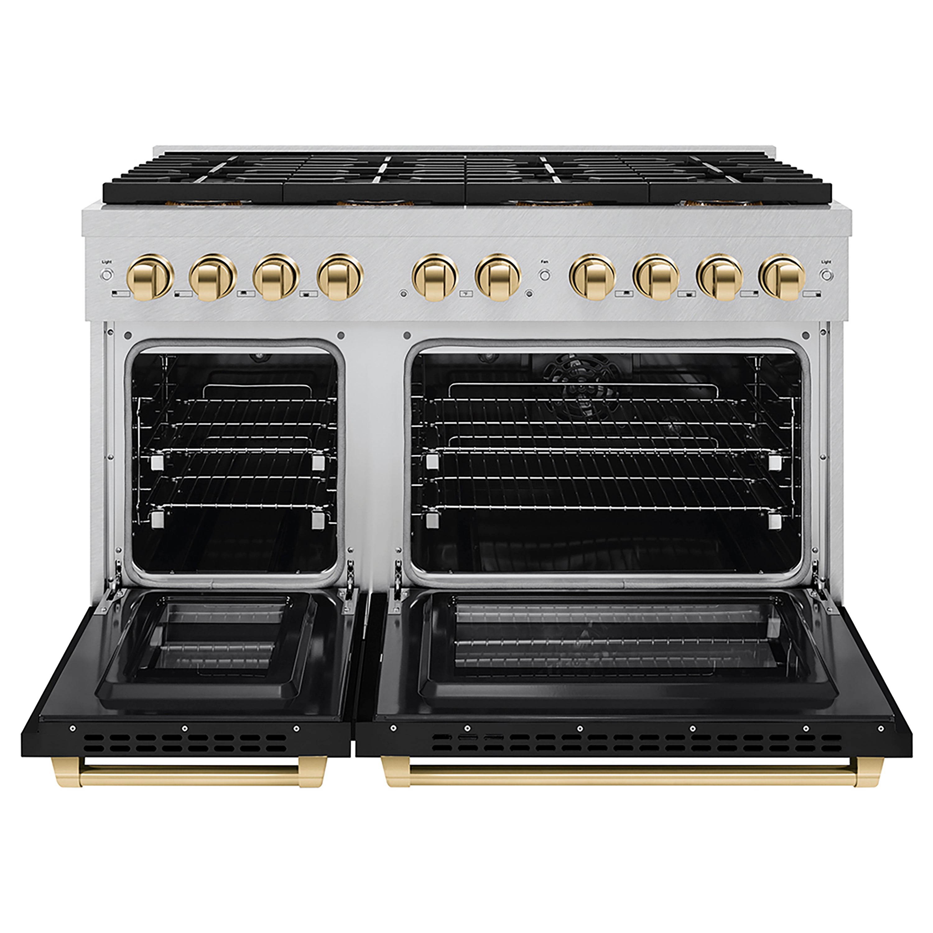 ZLINE 48 in. Dual Fuel Range 6.7 cu. ft. 8 Burner DuoPro™ Cooktop Dual Ovens Satin Stainless Steel Black Matte Doors Polished Gold Accents (PSDRSZ-BLM48-G)
