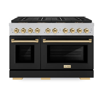 ZLINE 48 in. Dual Fuel Range 6.7 cu. ft. 8 Burner DuoPro™ Cooktop Dual Ovens Satin Stainless Steel Black Matte Doors Polished Gold Accents (PSDRSZ-BLM48-G)