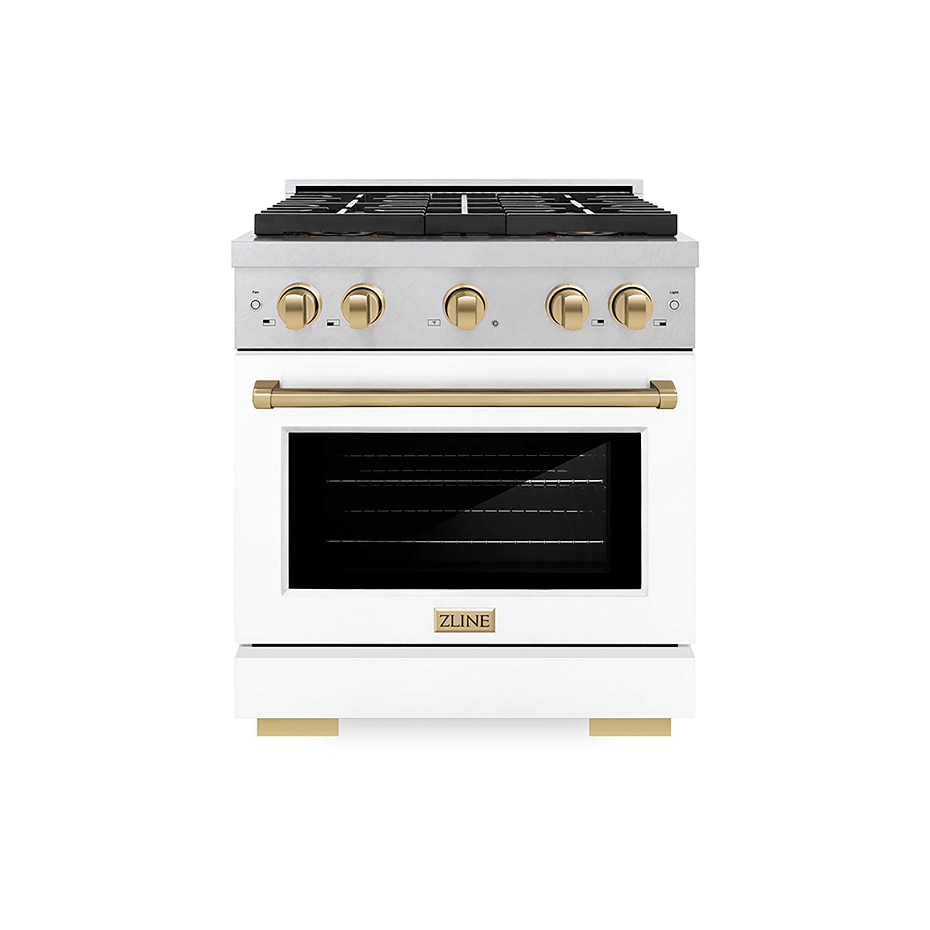 ZLINE 30 in. Dual Fuel Range 4.2 cu. ft. 4 Burner DuoPro™ Cooktop Electric Convection Oven Satin Stainless Steel White Matte Door Champagne Bronze Accents (PSDRSZ-WM-30-CB)