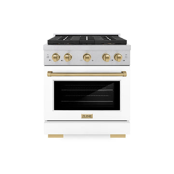 ZLINE 30 in. Dual Fuel Range 4.2 cu. ft. 4 Burner DuoPro™ Cooktop Electric Convection Oven Satin Stainless Steel White Matte Door Champagne Bronze Accents (PSDRSZ-WM-30-CB)