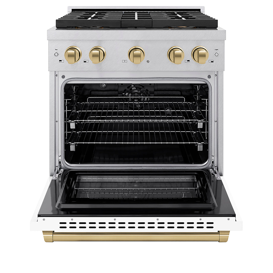ZLINE 30 in. Dual Fuel Range 4.2 cu. ft. 4 Burner DuoPro™ Cooktop Electric Convection Oven Satin Stainless Steel White Matte Door Champagne Bronze Accents (PSDRSZ-WM-30-CB)