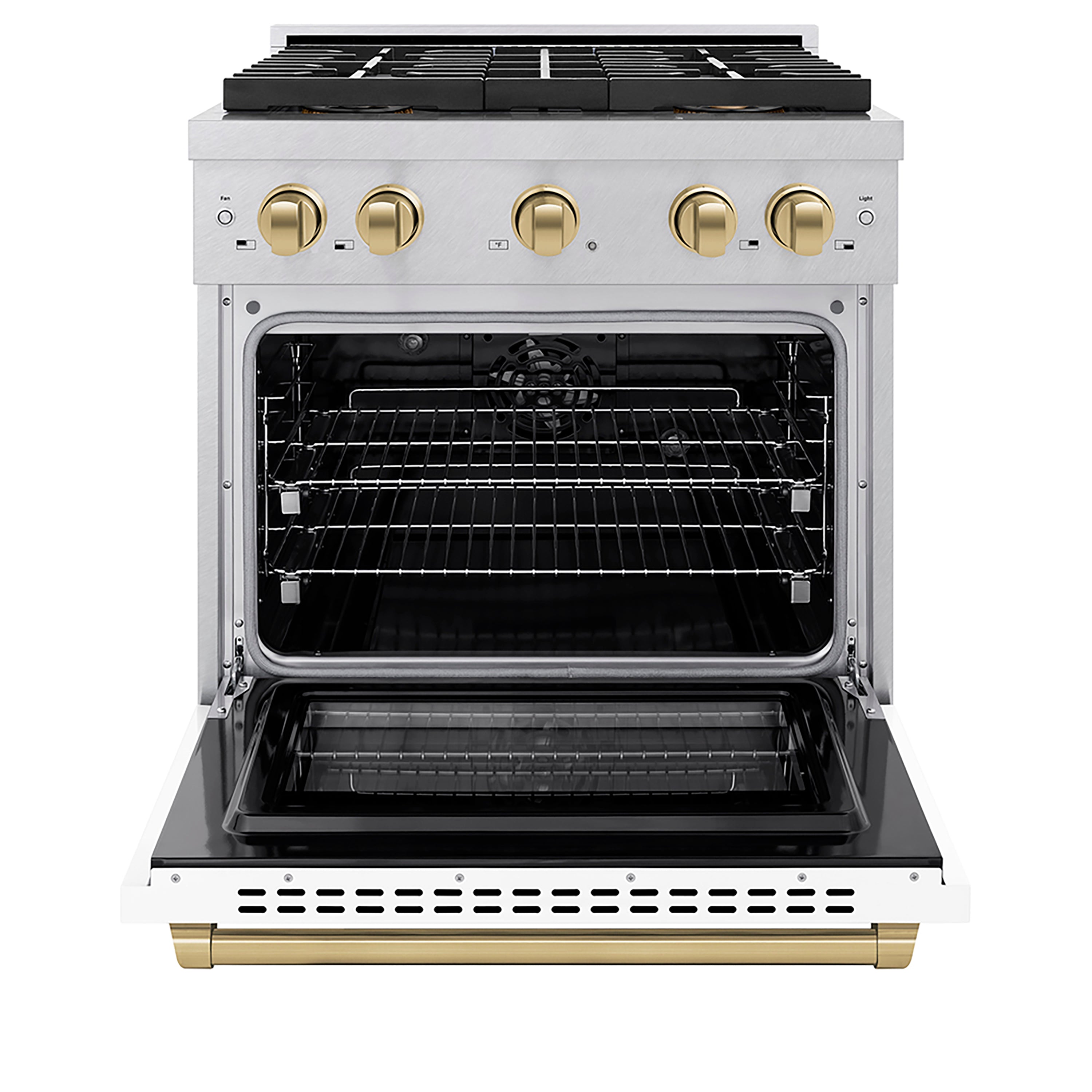 ZLINE 30 in. Dual Fuel Range 4.2 cu. ft. 4 Burner DuoPro™ Cooktop Electric Convection Oven Satin Stainless Steel White Matte Door Champagne Bronze Accents (PSDRSZ-WM-30-CB)