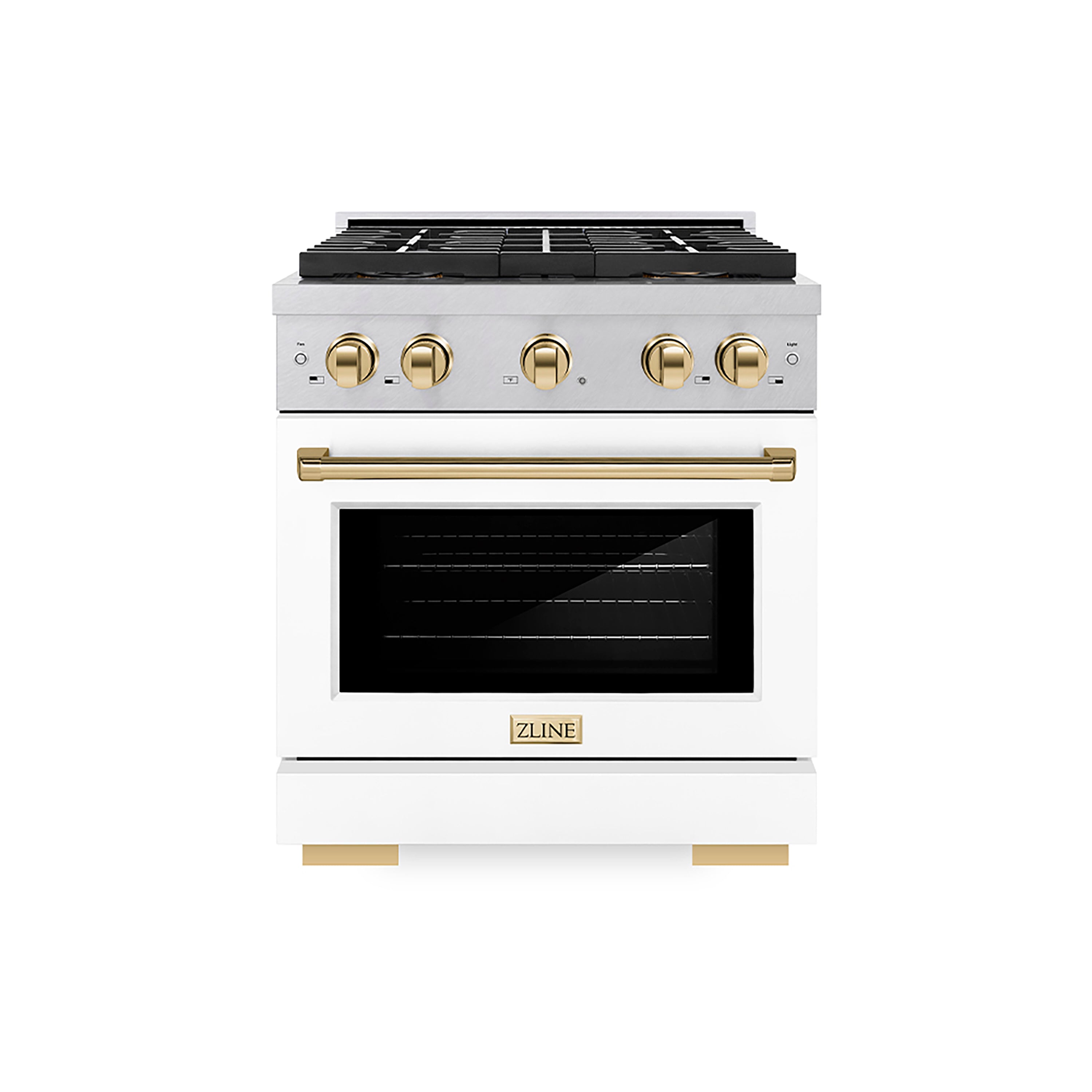 ZLINE 30 in. Dual Fuel Range 4.2 cu. ft. 4 Burner DuoPro™ Cooktop Electric Convection Oven Satin Stainless Steel White Matte Door Polished Gold Accents (PSDRSZ-WM-30-G)