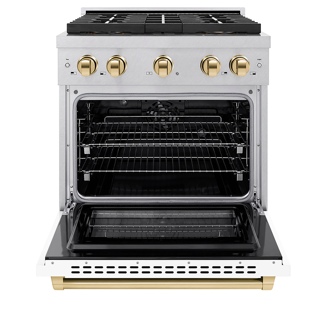 ZLINE 30 in. Dual Fuel Range 4.2 cu. ft. 4 Burner DuoPro™ Cooktop Electric Convection Oven Satin Stainless Steel White Matte Door Polished Gold Accents (PSDRSZ-WM-30-G)