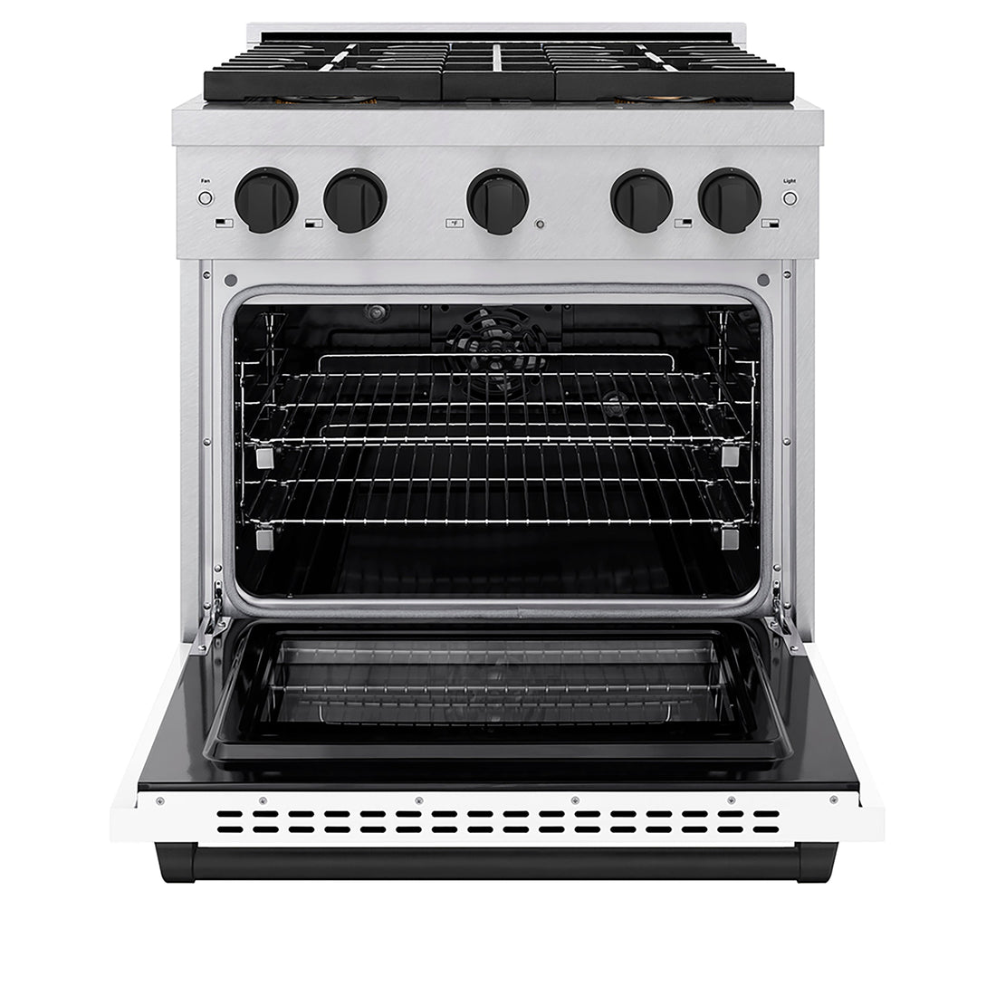 ZLINE 30 in. Dual Fuel Range 4.2 cu. ft. 4 Burner DuoPro™ Cooktop Electric Convection Oven Satin Stainless Steel White Matte Door Matte Black Accents (PSDRSZ-WM-30-MB)