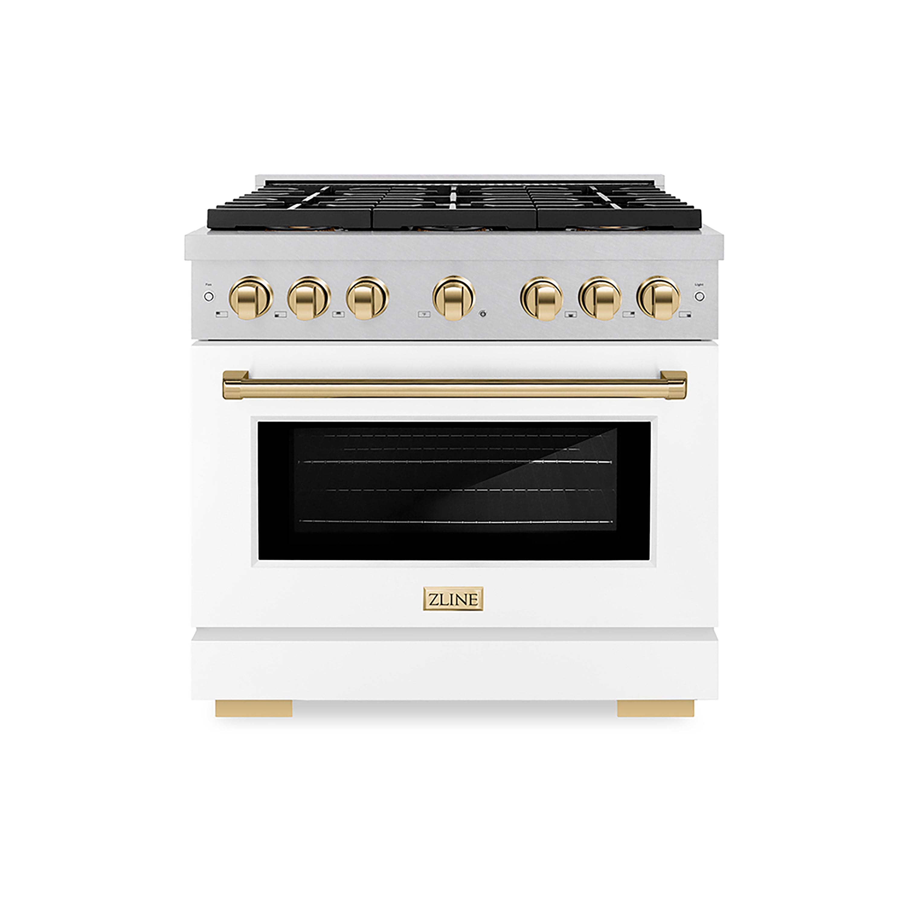 ZLINE 36 in. Dual Fuel Range 5.2 cu. ft. 6 Burner DuoPro™ Cooktop Electric Convection Oven Satin Stainless Steel White Matte Door Polished Gold Accents (PSDRSZ-WM-36-G)