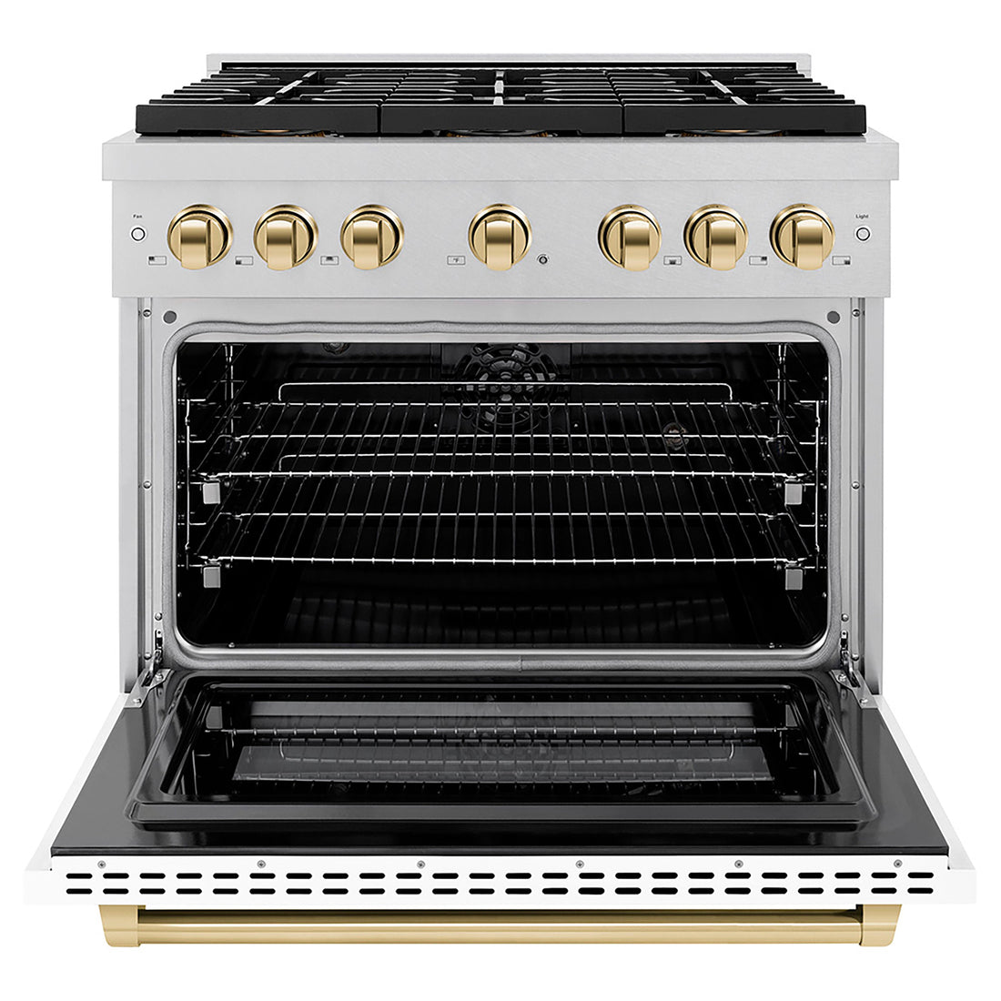 ZLINE 36 in. Dual Fuel Range 5.2 cu. ft. 6 Burner DuoPro™ Cooktop Electric Convection Oven Satin Stainless Steel White Matte Door Polished Gold Accents (PSDRSZ-WM-36-G)