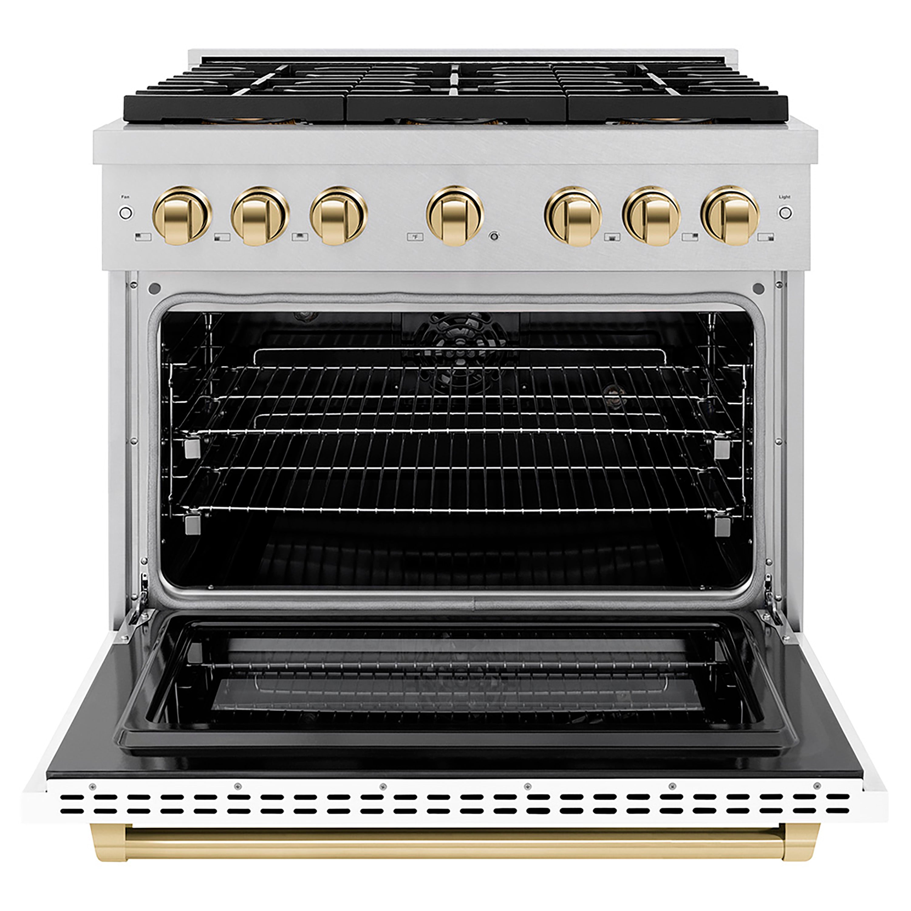 ZLINE 36 in. Dual Fuel Range 5.2 cu. ft. 6 Burner DuoPro™ Cooktop Electric Convection Oven Satin Stainless Steel White Matte Door Polished Gold Accents (PSDRSZ-WM-36-G)