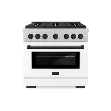 ZLINE 36 in. Dual Fuel Range 5.2 cu. ft. 6 Burner DuoPro™ Cooktop Electric Convection Oven Satin Stainless Steel White Matte Door Matte Black Accents (PSDRSZ-WM-36-MB)