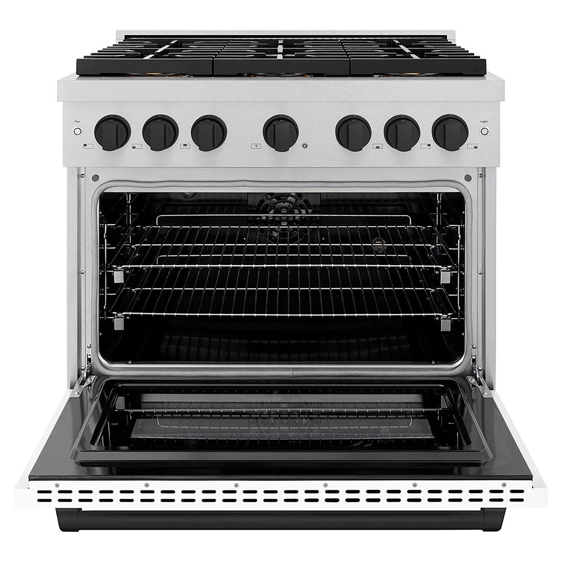 ZLINE 36 in. Dual Fuel Range 5.2 cu. ft. 6 Burner DuoPro™ Cooktop Electric Convection Oven Satin Stainless Steel White Matte Door Matte Black Accents (PSDRSZ-WM-36-MB)