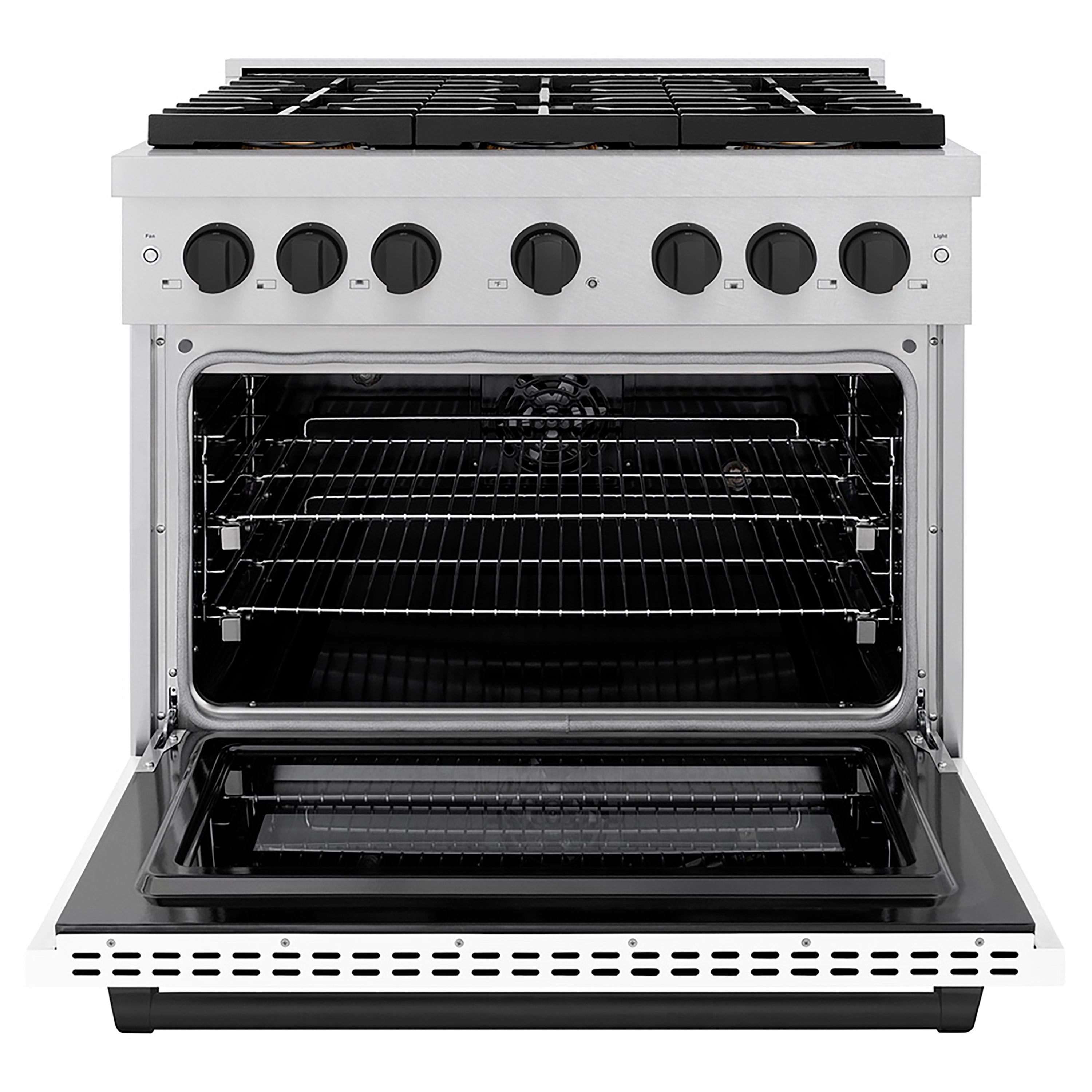 ZLINE 36 in. Dual Fuel Range 5.2 cu. ft. 6 Burner DuoPro™ Cooktop Electric Convection Oven Satin Stainless Steel White Matte Door Matte Black Accents (PSDRSZ-WM-36-MB)