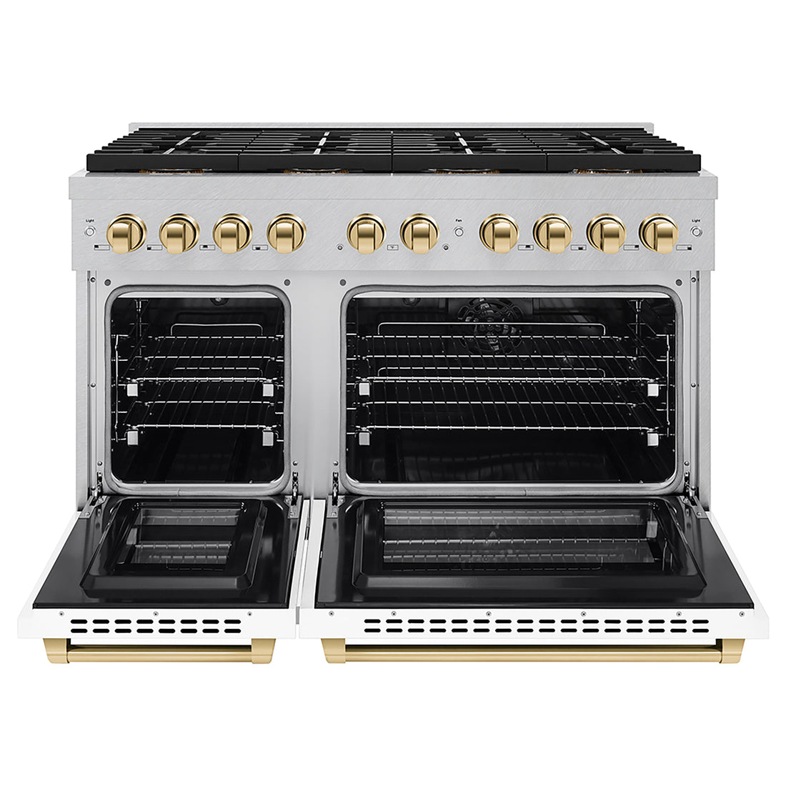 ZLINE 48 in. Dual Fuel Range 6.7 cu. ft. 8 Burner DuoPro™ Cooktop Dual Ovens Satin Stainless Steel White Matte Doors Polished Gold Accents (PSDRSZ-WM-48-G)