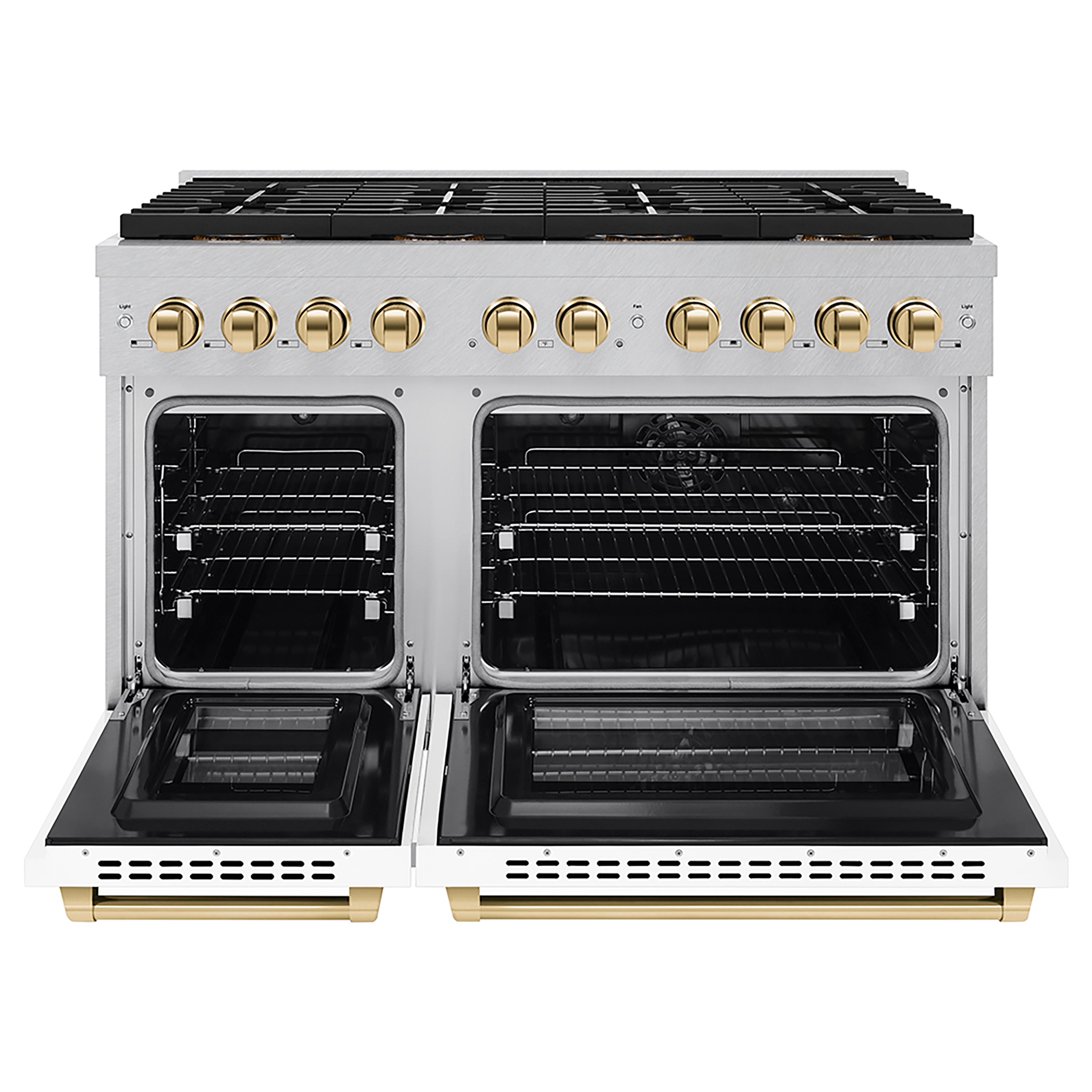 ZLINE 48 in. Dual Fuel Range 6.7 cu. ft. 8 Burner DuoPro™ Cooktop Dual Ovens Satin Stainless Steel White Matte Doors Polished Gold Accents (PSDRSZ-WM-48-G)