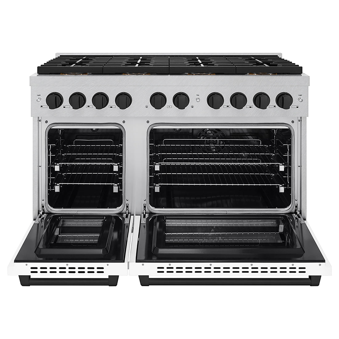 ZLINE 48 in. Dual Fuel Range 6.7 cu. ft. with 8 Burner DuoPro™ Cooktop, Dual Ovens, Satin Stainless Steel, White Matte Doors, Matte Black Accents (PSDRSZ-WM-48-MB)