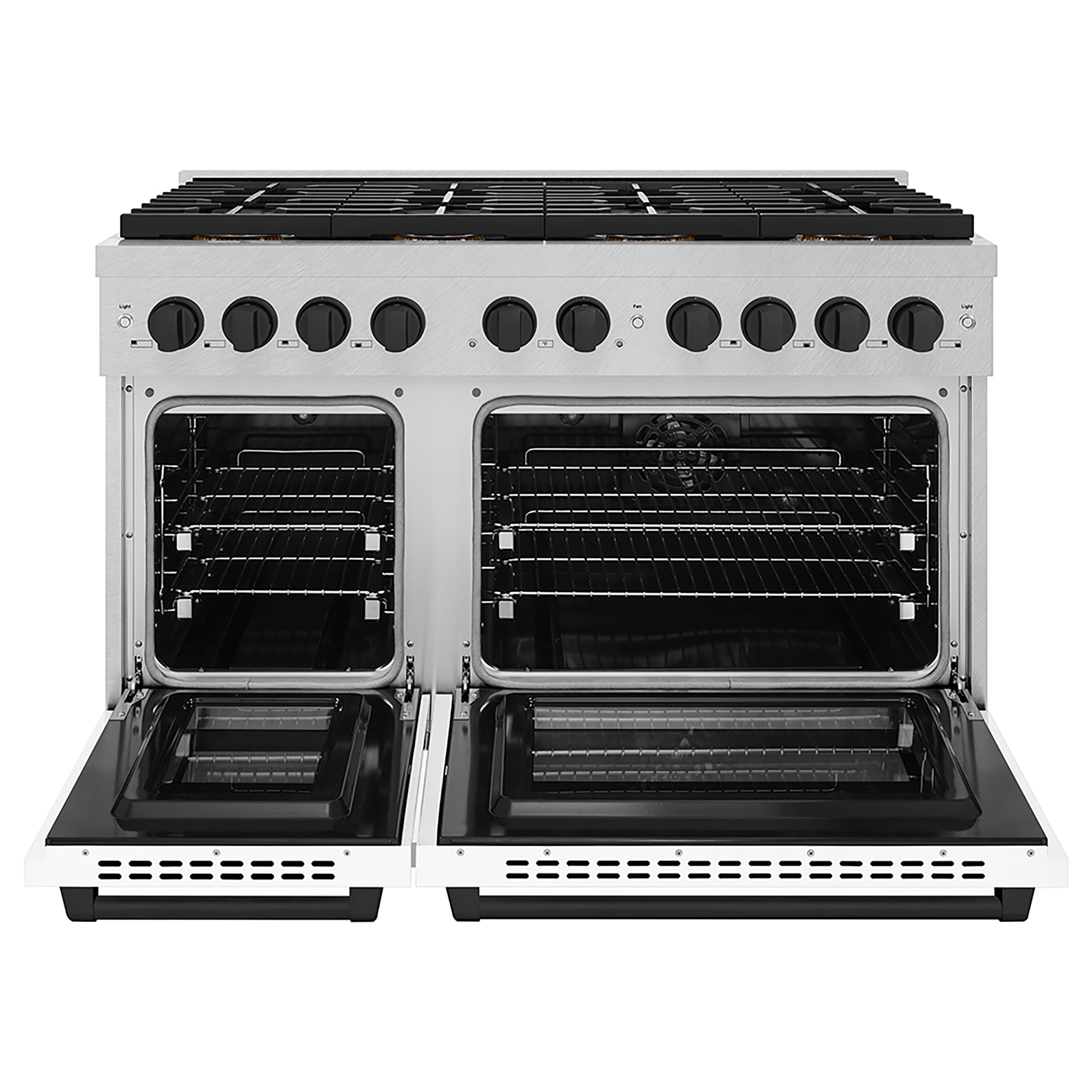 ZLINE 48 in. Dual Fuel Range 6.7 cu. ft. with 8 Burner DuoPro™ Cooktop, Dual Ovens, Satin Stainless Steel, White Matte Doors, Matte Black Accents (PSDRSZ-WM-48-MB)