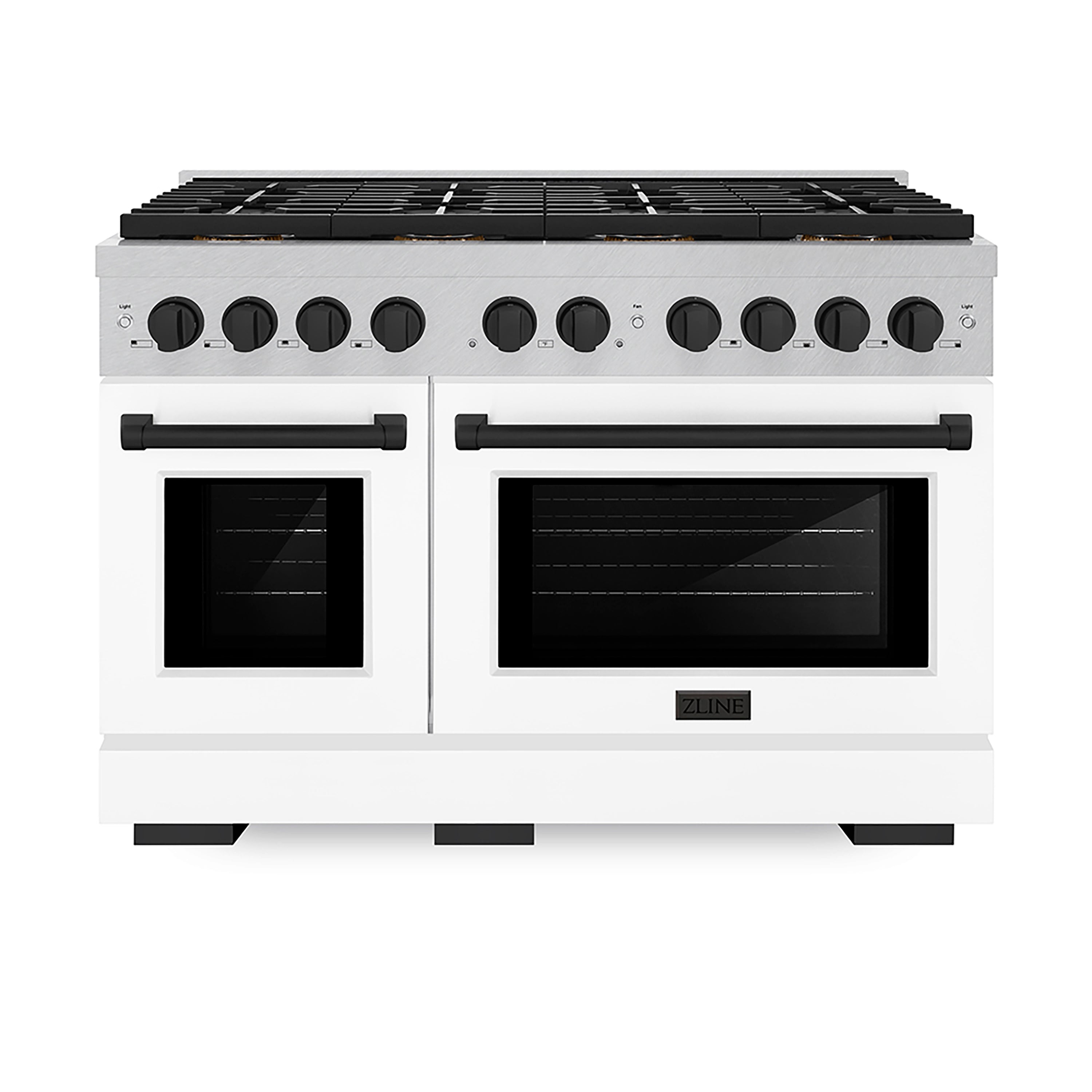 ZLINE 48 in. Dual Fuel Range 6.7 cu. ft. with 8 Burner DuoPro™ Cooktop, Dual Ovens, Satin Stainless Steel, White Matte Doors, Matte Black Accents (PSDRSZ-WM-48-MB)