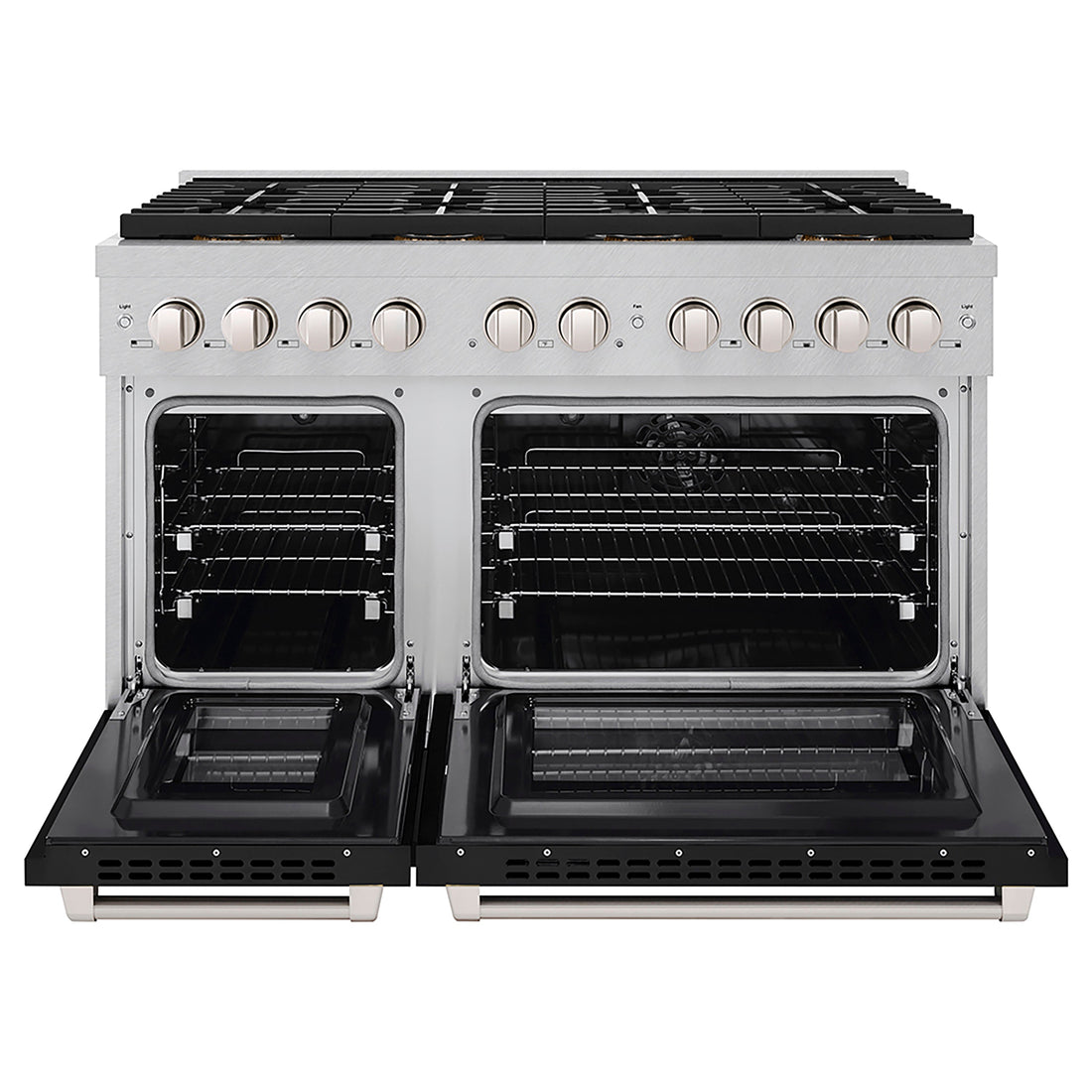 ZLINE 48 in. Dual Fuel Range 6.7 cu. ft. with 8 Burner DuoPro™ Cooktop and Dual Ovens, Satin Stainless Steel with Black Matte Doors (PSDRS-BLM-48)