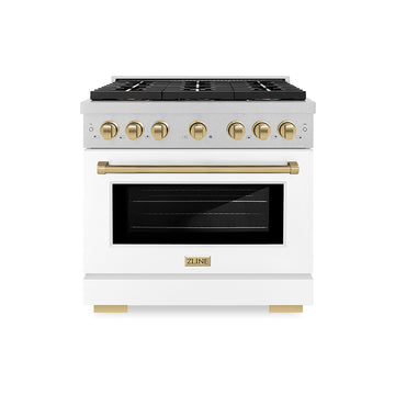 ZLINE 36 in. Dual Fuel Range 5.2 cu. ft. 6 Burner DuoPro™ Cooktop Electric Convection Oven Satin Stainless Steel White Matte Door Champagne Bronze Accents (PSDRSZ-WM-36-CB)
