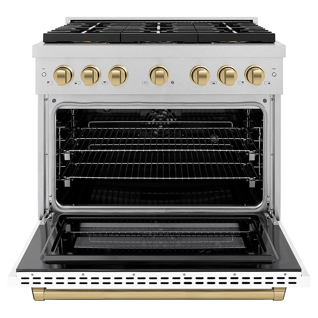 ZLINE 36 in. Dual Fuel Range 5.2 cu. ft. 6 Burner DuoPro™ Cooktop Electric Convection Oven Satin Stainless Steel White Matte Door Champagne Bronze Accents (PSDRSZ-WM-36-CB)