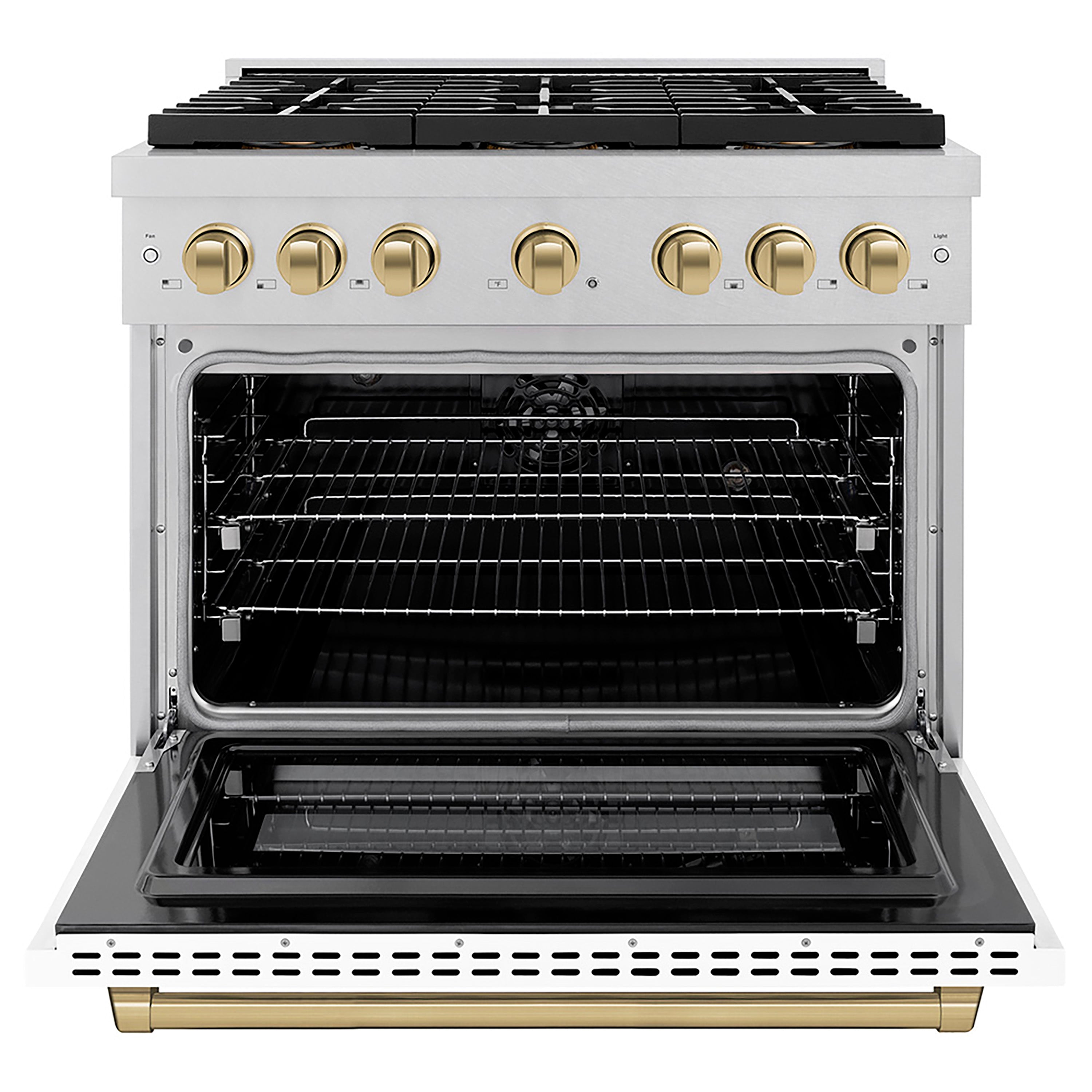 ZLINE 36 in. Dual Fuel Range 5.2 cu. ft. 6 Burner DuoPro™ Cooktop Electric Convection Oven Satin Stainless Steel White Matte Door Champagne Bronze Accents (PSDRSZ-WM-36-CB)
