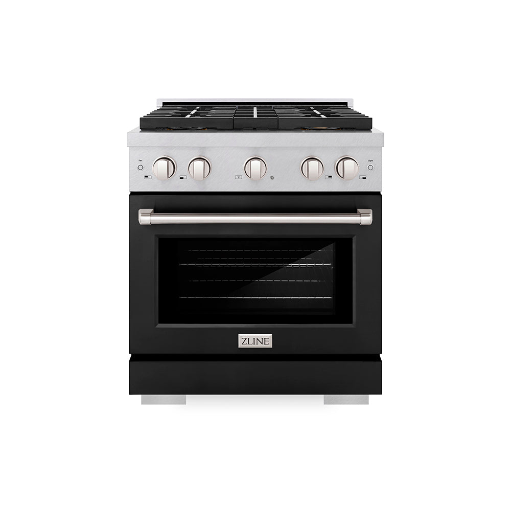 ZLINE 30 in. Gas Range 4.2 cu. ft. Convection Gas Oven with 4 Burner DuoPro™ Cooktop, Satin Stainless Steel with Black Matte Door (PSGRS-BLM-30)