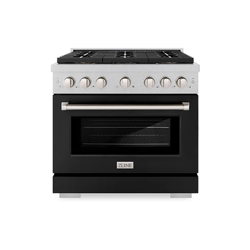 ZLINE 36 in. Gas Range 5.2 cu. ft. Convection Oven with 6 Burner DuoPro™ Cooktop, Satin Stainless Steel with Black Matte Door (PSGRS-BLM-36)