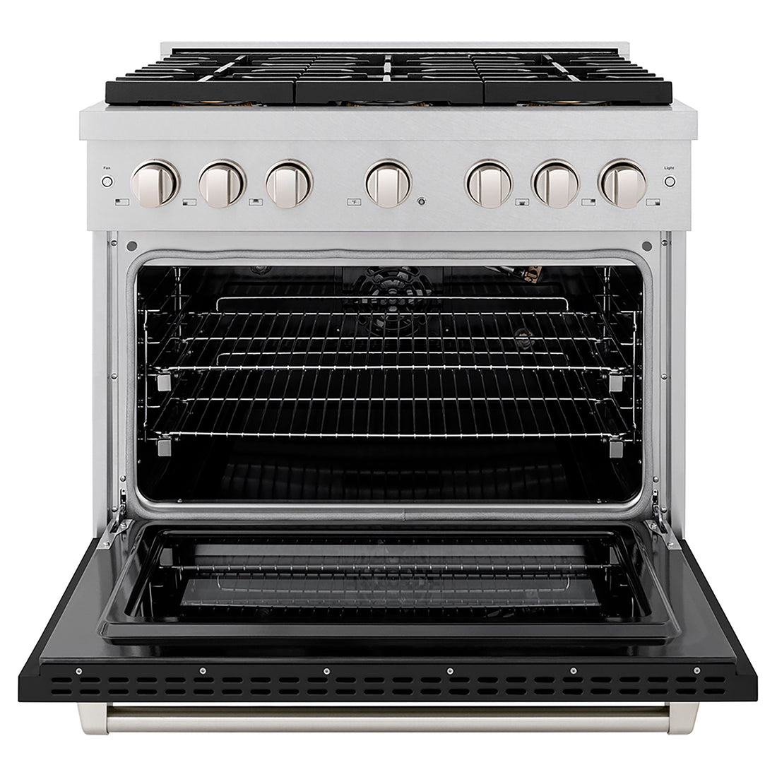 ZLINE 36 in. Gas Range 5.2 cu. ft. Convection Oven with 6 Burner DuoPro™ Cooktop, Satin Stainless Steel with Black Matte Door (PSGRS-BLM-36)