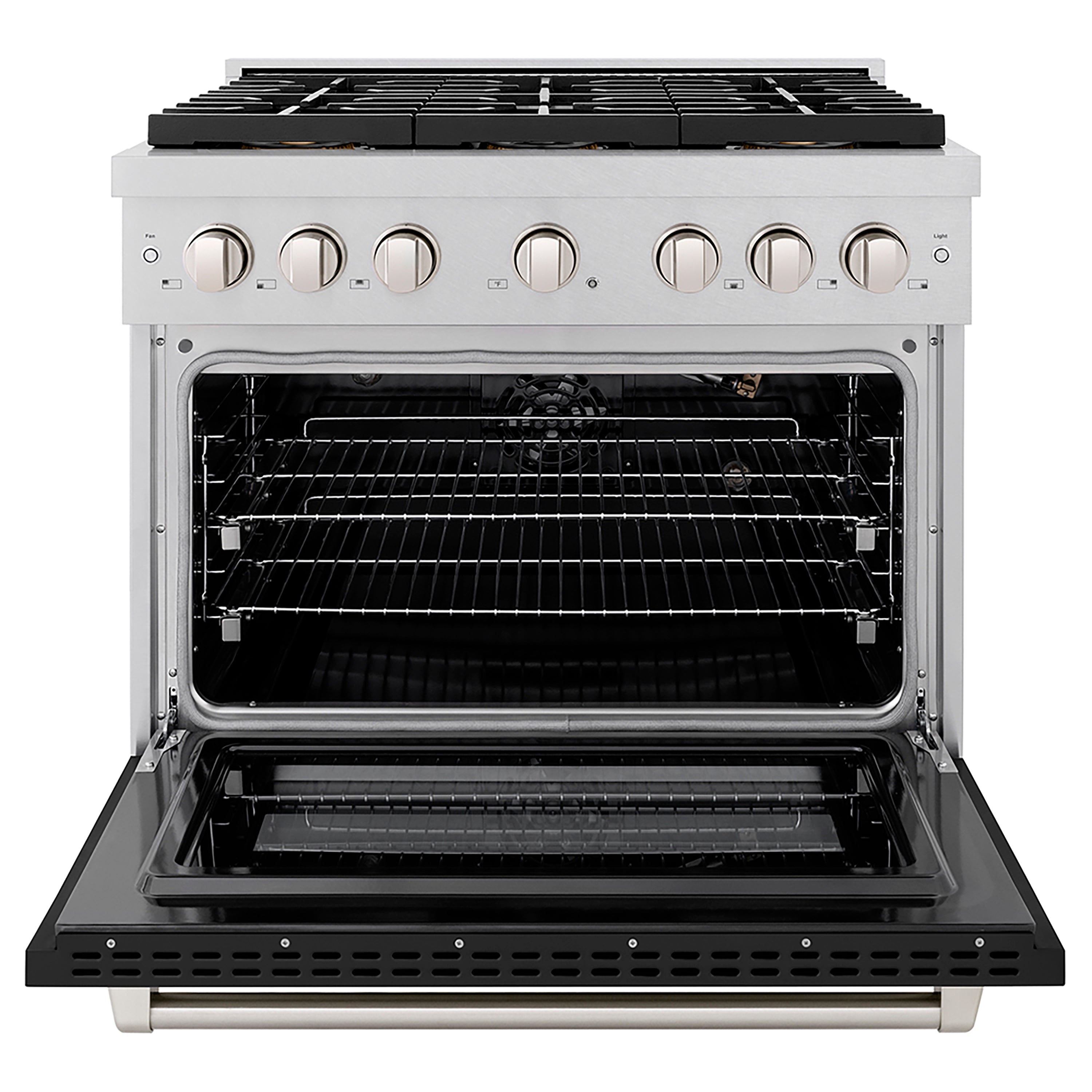 ZLINE 36 in. Gas Range 5.2 cu. ft. Convection Oven with 6 Burner DuoPro™ Cooktop, Satin Stainless Steel with Black Matte Door (PSGRS-BLM-36)