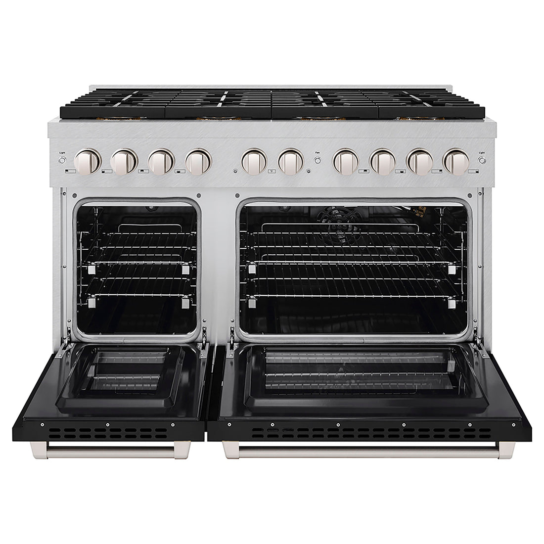 ZLINE 48 in. Gas Range 6.7 cu. ft. Dual Oven with 8 Burner DuoPro™ Cooktop, Satin Stainless Steel with Black Matte Doors (PSGRS-BLM-48)