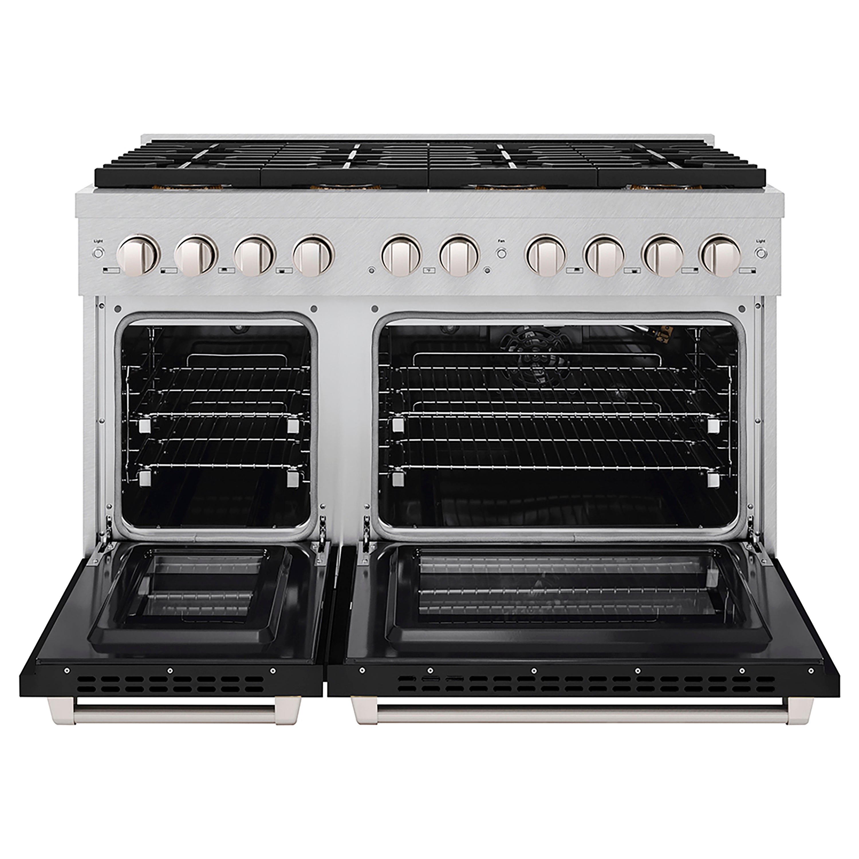 ZLINE 48 in. Gas Range 6.7 cu. ft. Dual Oven with 8 Burner DuoPro™ Cooktop, Satin Stainless Steel with Black Matte Doors (PSGRS-BLM-48)
