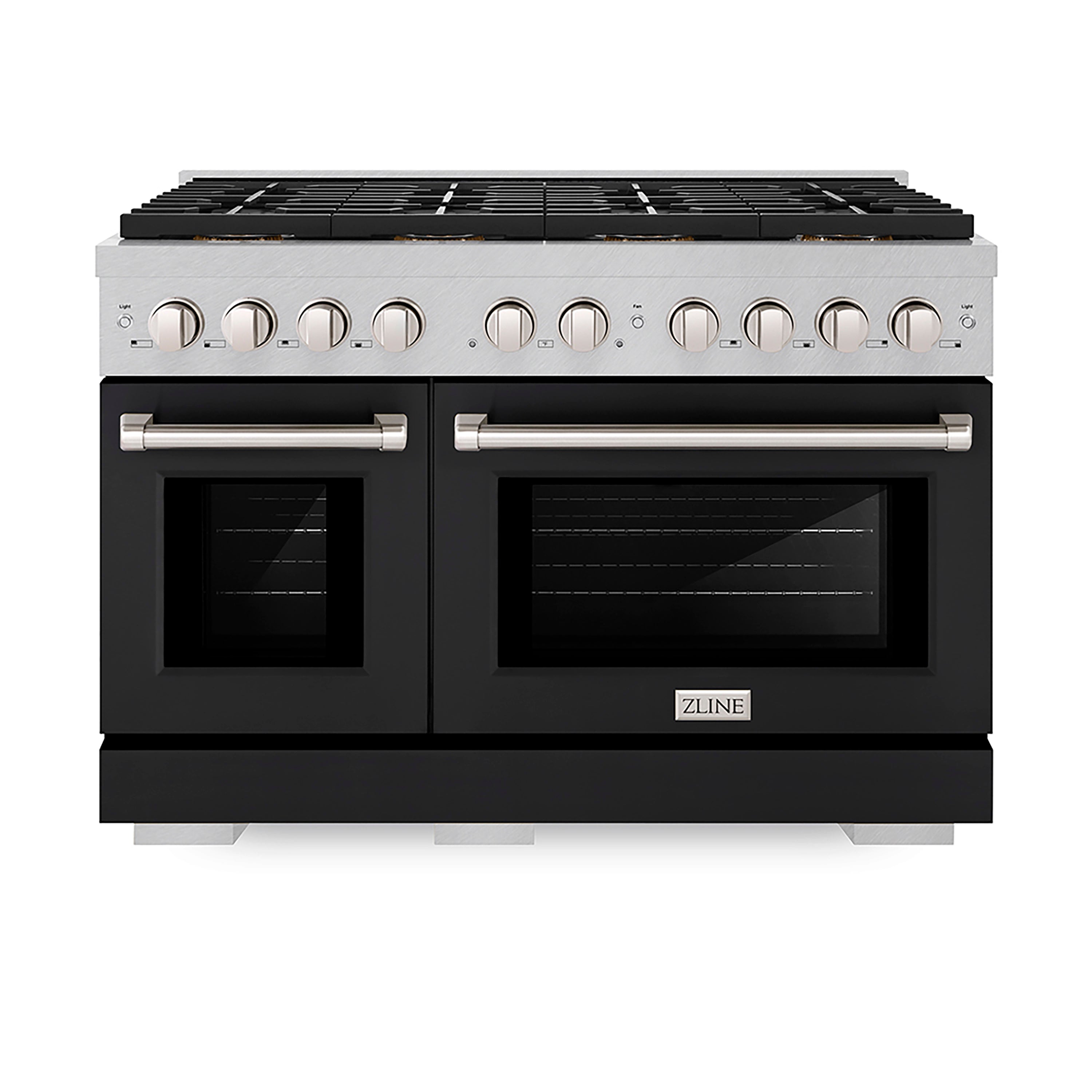 ZLINE 48 in. Gas Range 6.7 cu. ft. Dual Oven with 8 Burner DuoPro™ Cooktop, Satin Stainless Steel with Black Matte Doors (PSGRS-BLM-48)