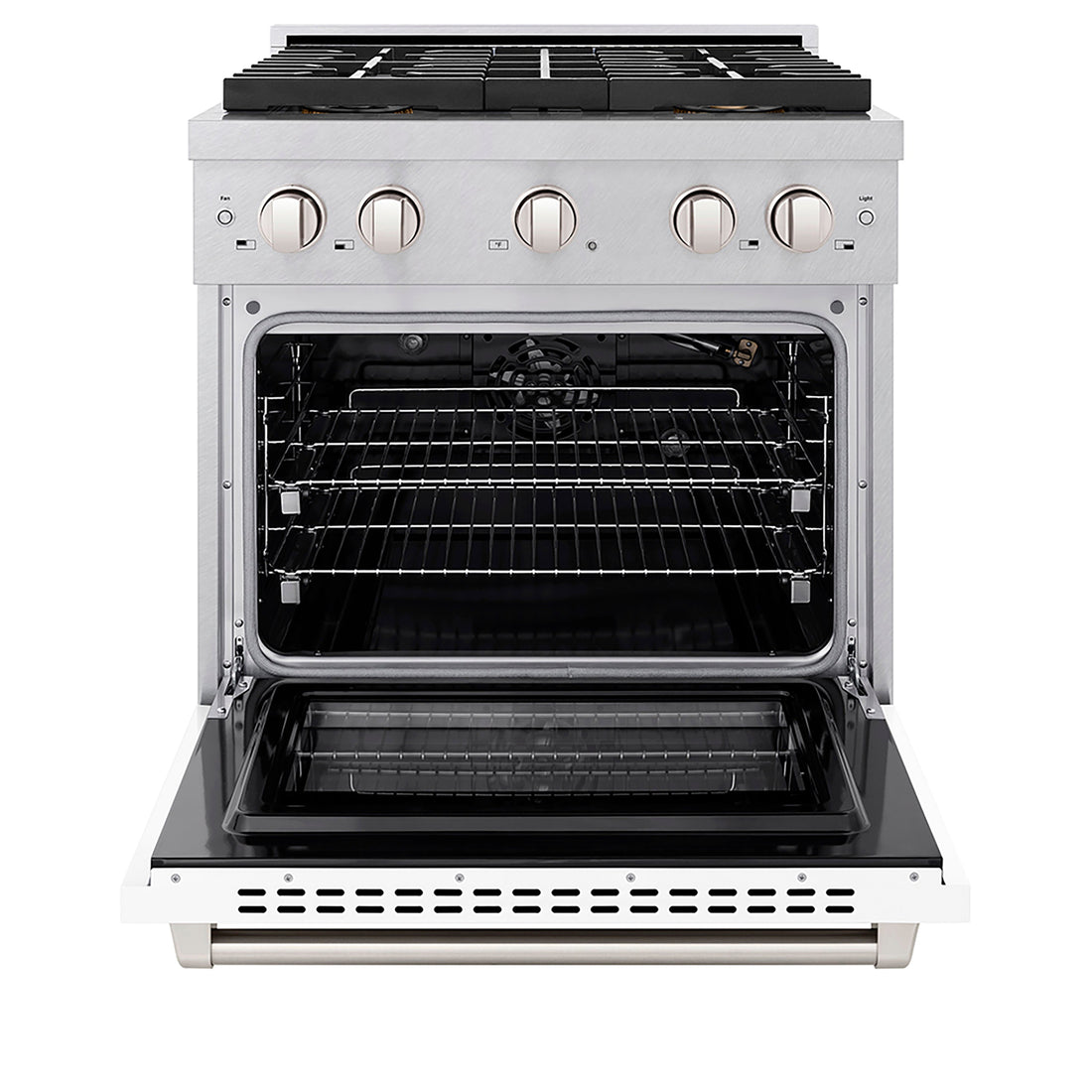 ZLINE 30 in. Gas Range – 4.2 cu. ft. Capacity – 4 Burner DuoPro™ Cooktop – Convection Gas Oven – Satin Stainless Steel with White Matte Door (PSGRS-WM-30)