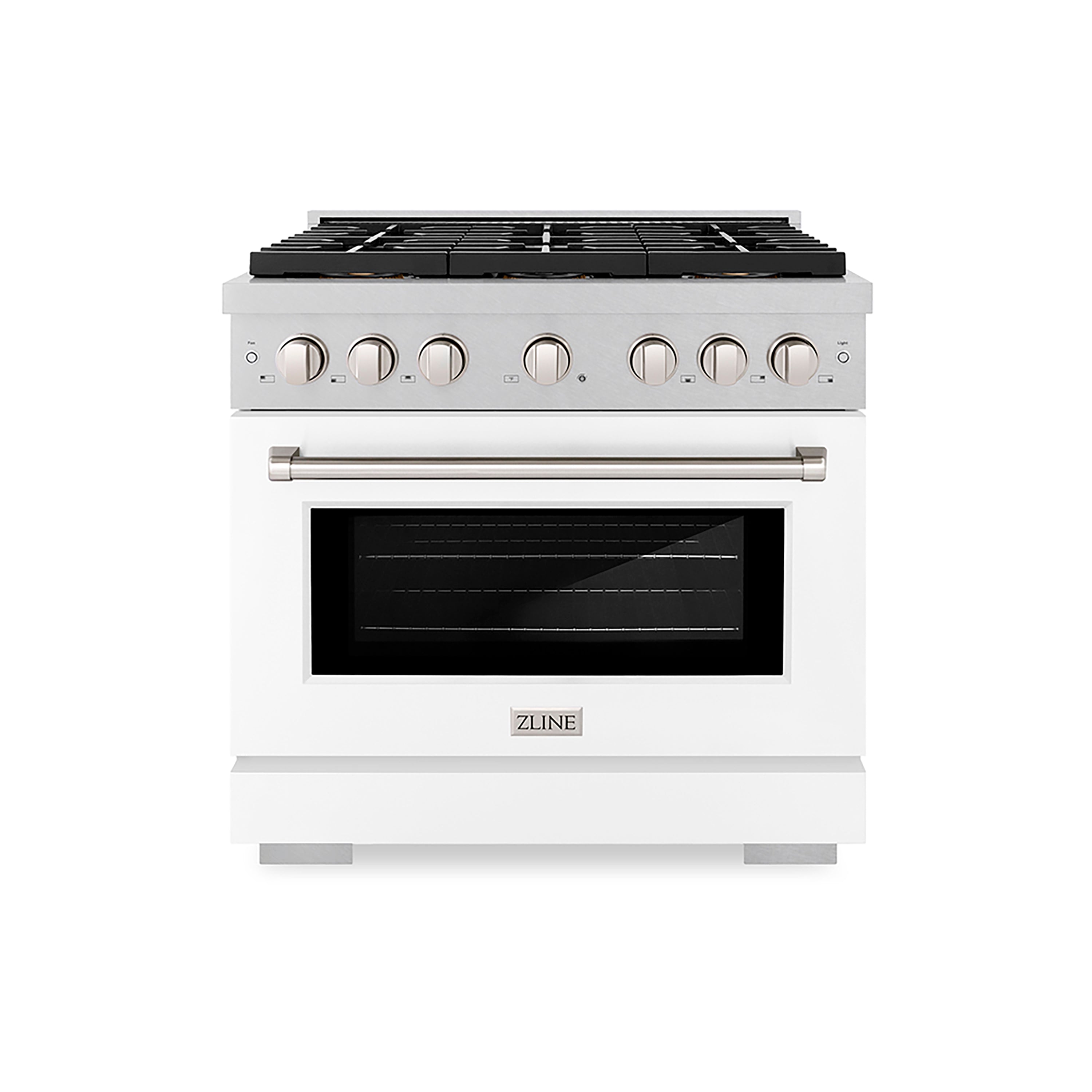ZLINE 36 in. Gas Range – 5.2 cu. ft. Capacity – 6 Burner DuoPro™ Cooktop, Convection Gas Oven, Satin Stainless Steel with White Matte Door (PSGRS-WM-36)