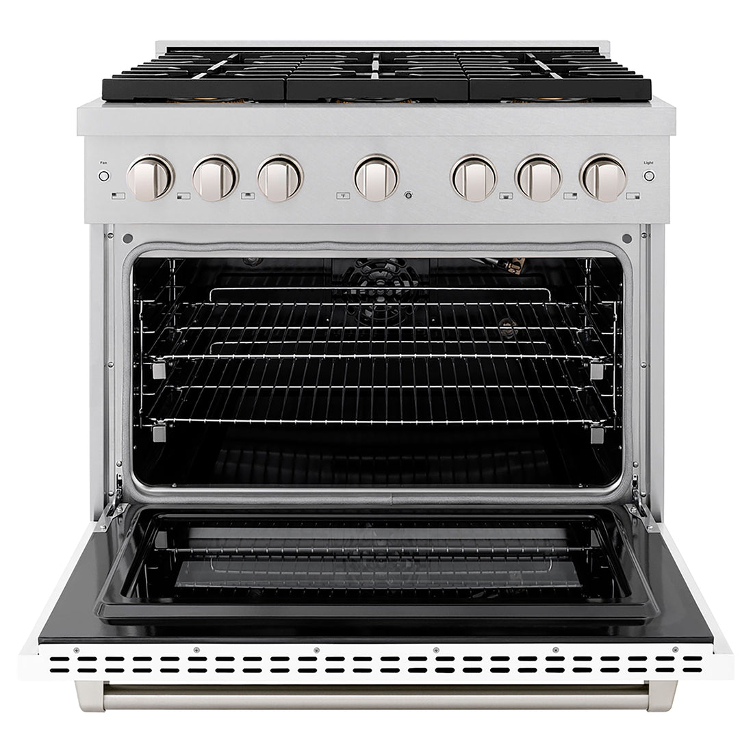ZLINE 36 in. Gas Range – 5.2 cu. ft. Capacity – 6 Burner DuoPro™ Cooktop, Convection Gas Oven, Satin Stainless Steel with White Matte Door (PSGRS-WM-36)