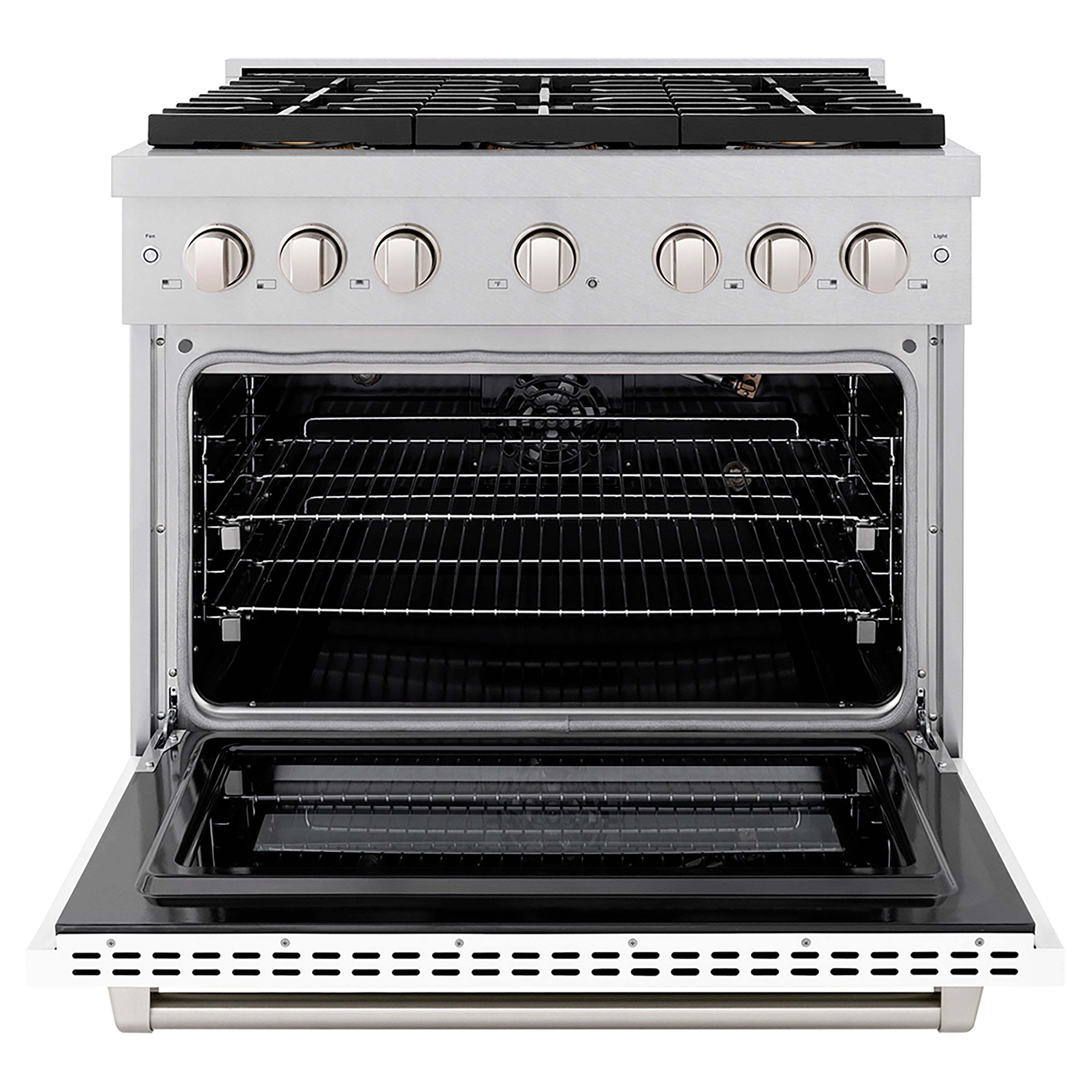 ZLINE 36 in. Gas Range – 5.2 cu. ft. Capacity – 6 Burner DuoPro™ Cooktop, Convection Gas Oven, Satin Stainless Steel with White Matte Door (PSGRS-WM-36)