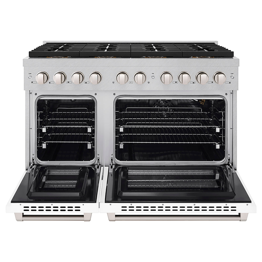 ZLINE 48 in. Gas Range – 6.7 cu. ft. – 8 Burner DuoPro™ Cooktop, Dual Ovens, Satin Stainless Steel with White Matte Doors (PSGRS-WM-48)