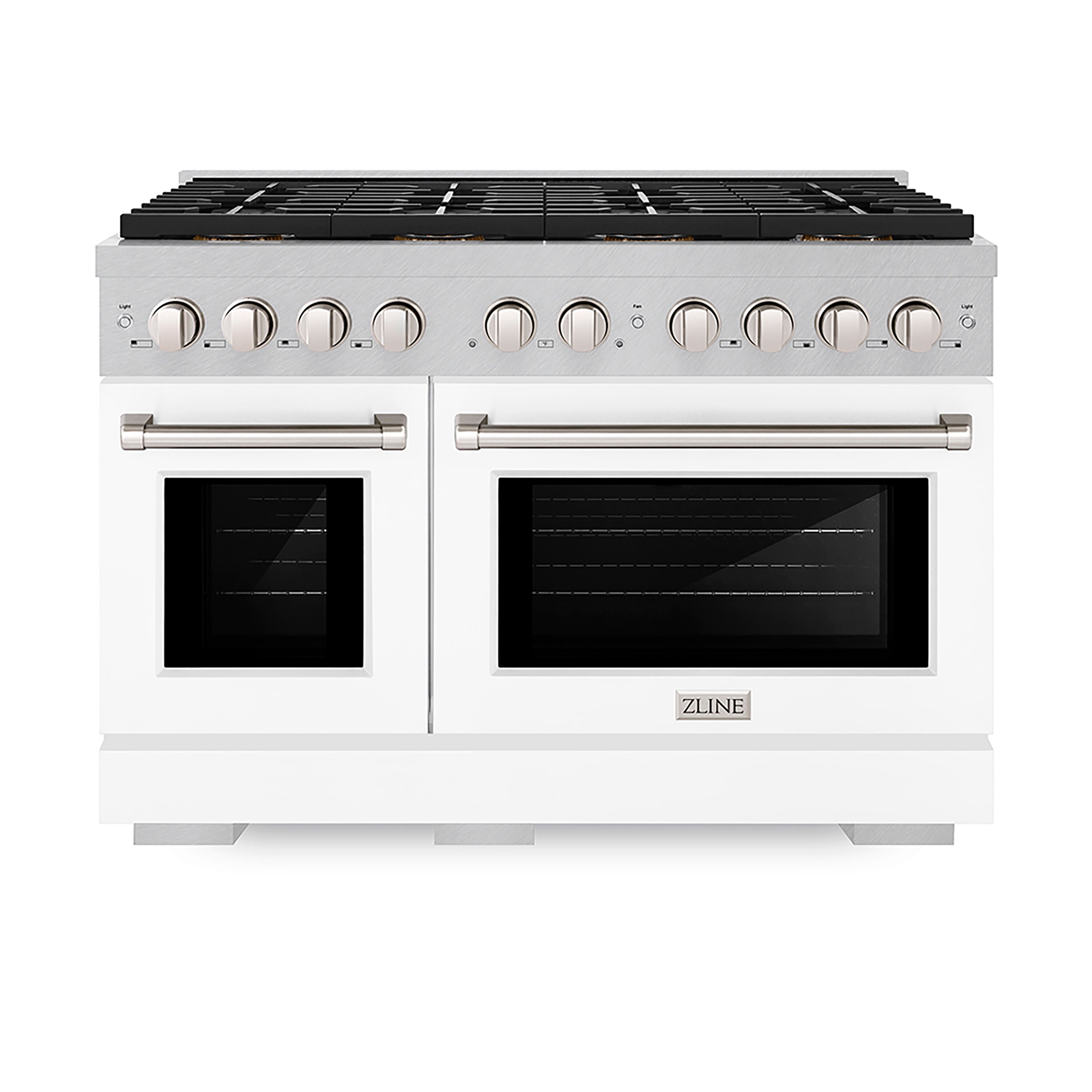 ZLINE 48 in. Gas Range – 6.7 cu. ft. – 8 Burner DuoPro™ Cooktop, Dual Ovens, Satin Stainless Steel with White Matte Doors (PSGRS-WM-48)