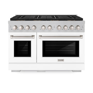 ZLINE 48 in. Gas Range – 6.7 cu. ft. – 8 Burner DuoPro™ Cooktop, Dual Ovens, Satin Stainless Steel with White Matte Doors (PSGRS-WM-48)