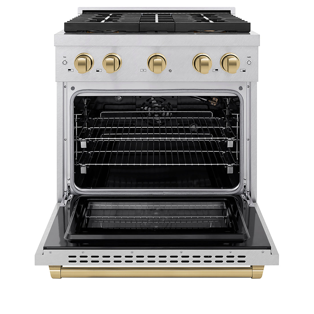 ZLINE 30 in. Gas Range 4.2 cu. ft. 4 Burner DuoPro™ Cooktop Convection Oven Champagne Bronze Accents Satin Stainless Steel (PSGRSZ-30-CB)