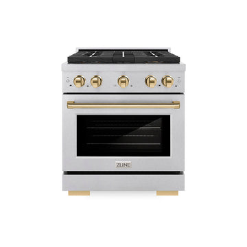 ZLINE 30 in. Gas Range 4.2 cu. ft. 4 Burner DuoPro Cooktop Convection Oven Satin Stainless Steel Polished Gold Accents (PSGRSZ-30-G)