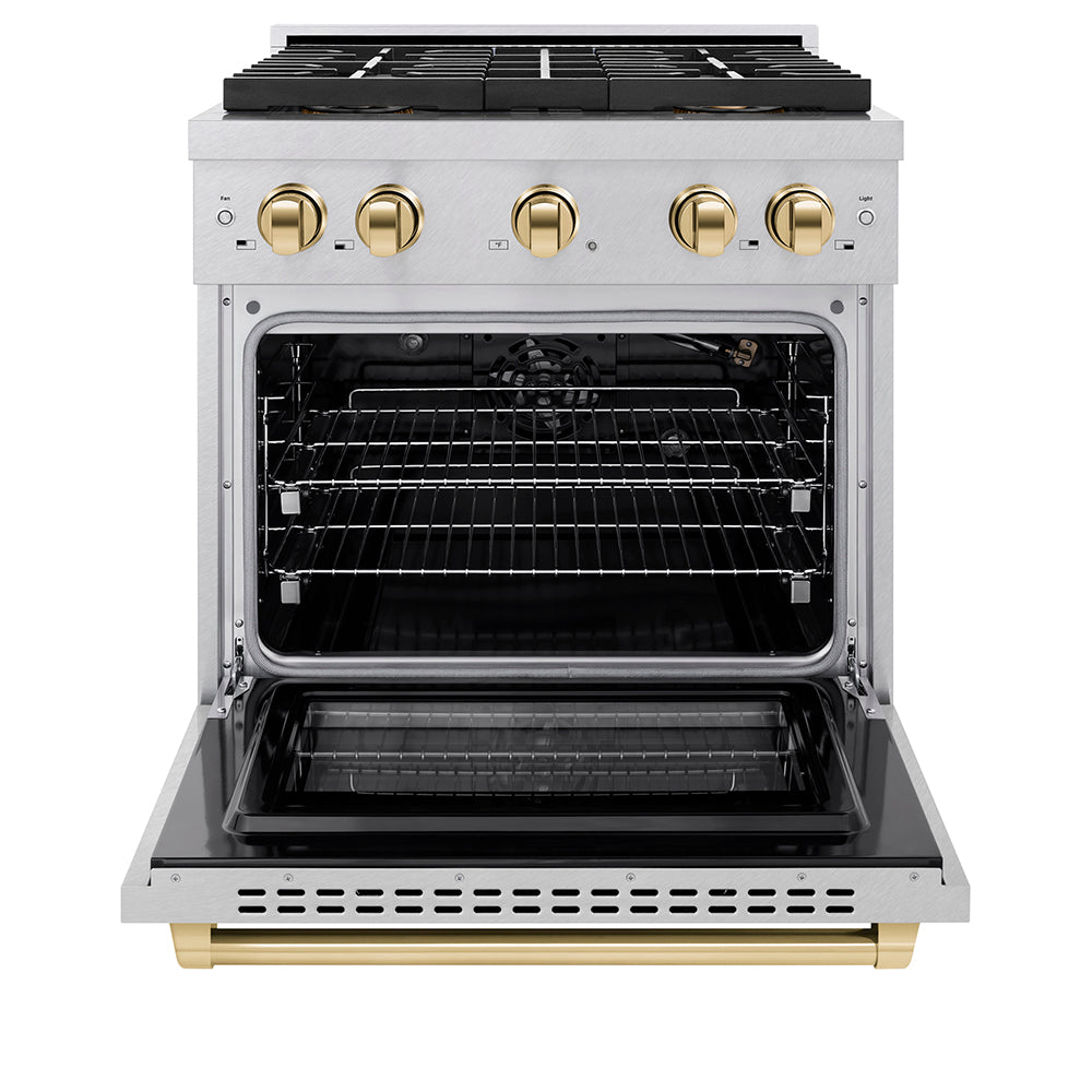 ZLINE 30 in. Gas Range 4.2 cu. ft. 4 Burner DuoPro Cooktop Convection Oven Satin Stainless Steel Polished Gold Accents (PSGRSZ-30-G)