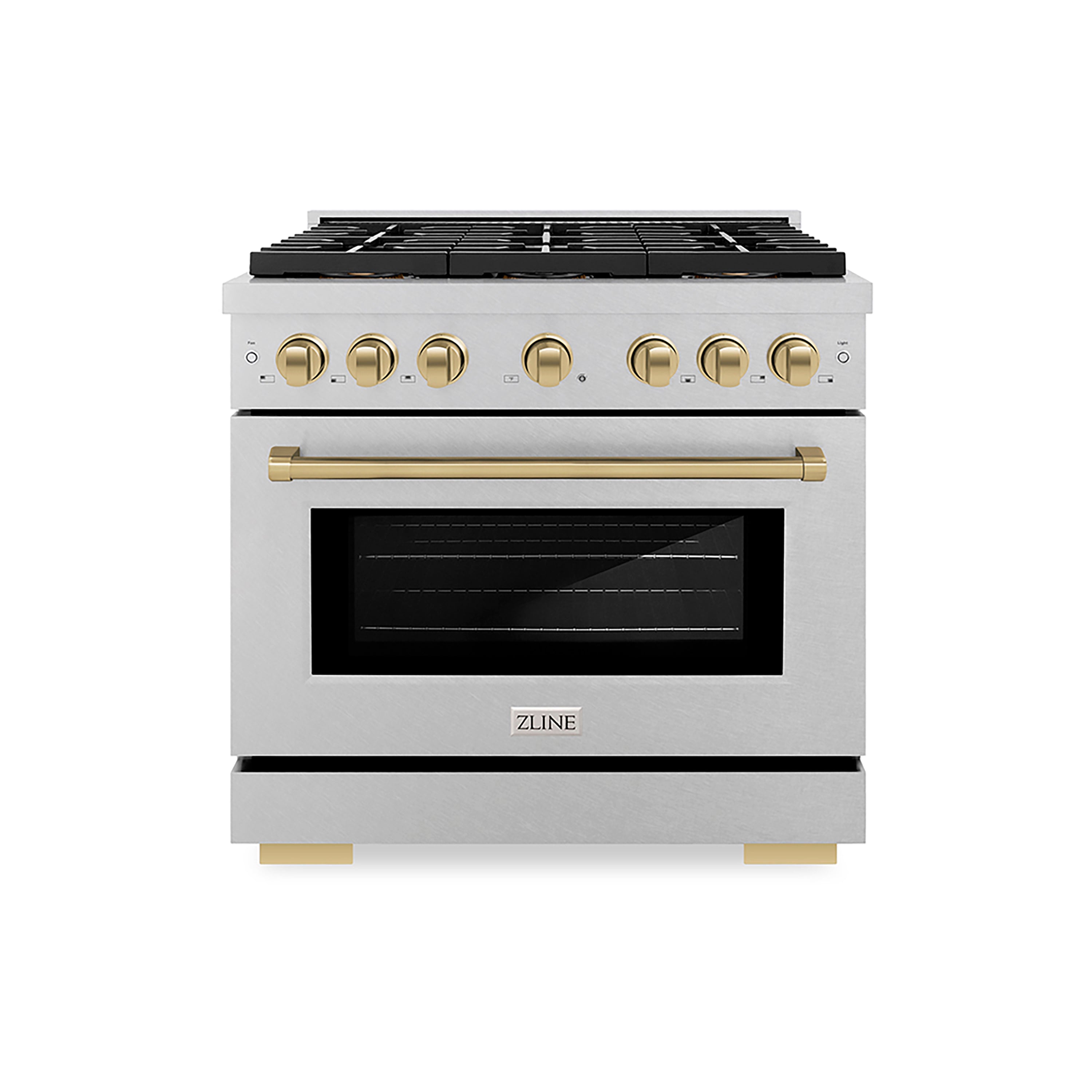 ZLINE 36 in. Gas Range 5.2 cu. ft. Convection Oven 6 Burner DuoPro™ Cooktop Satin Stainless Steel Champagne Bronze Accents (PSGRSZ-36-CB)