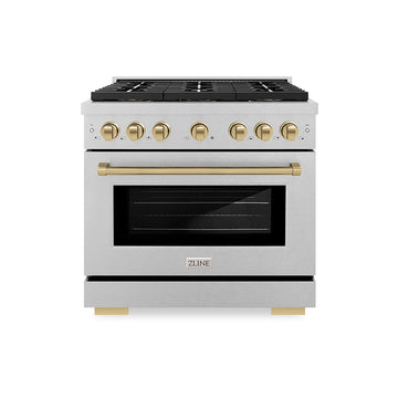ZLINE 36 in. Gas Range 5.2 cu. ft. Convection Oven 6 Burner DuoPro™ Cooktop Satin Stainless Steel Champagne Bronze Accents (PSGRSZ-36-CB)