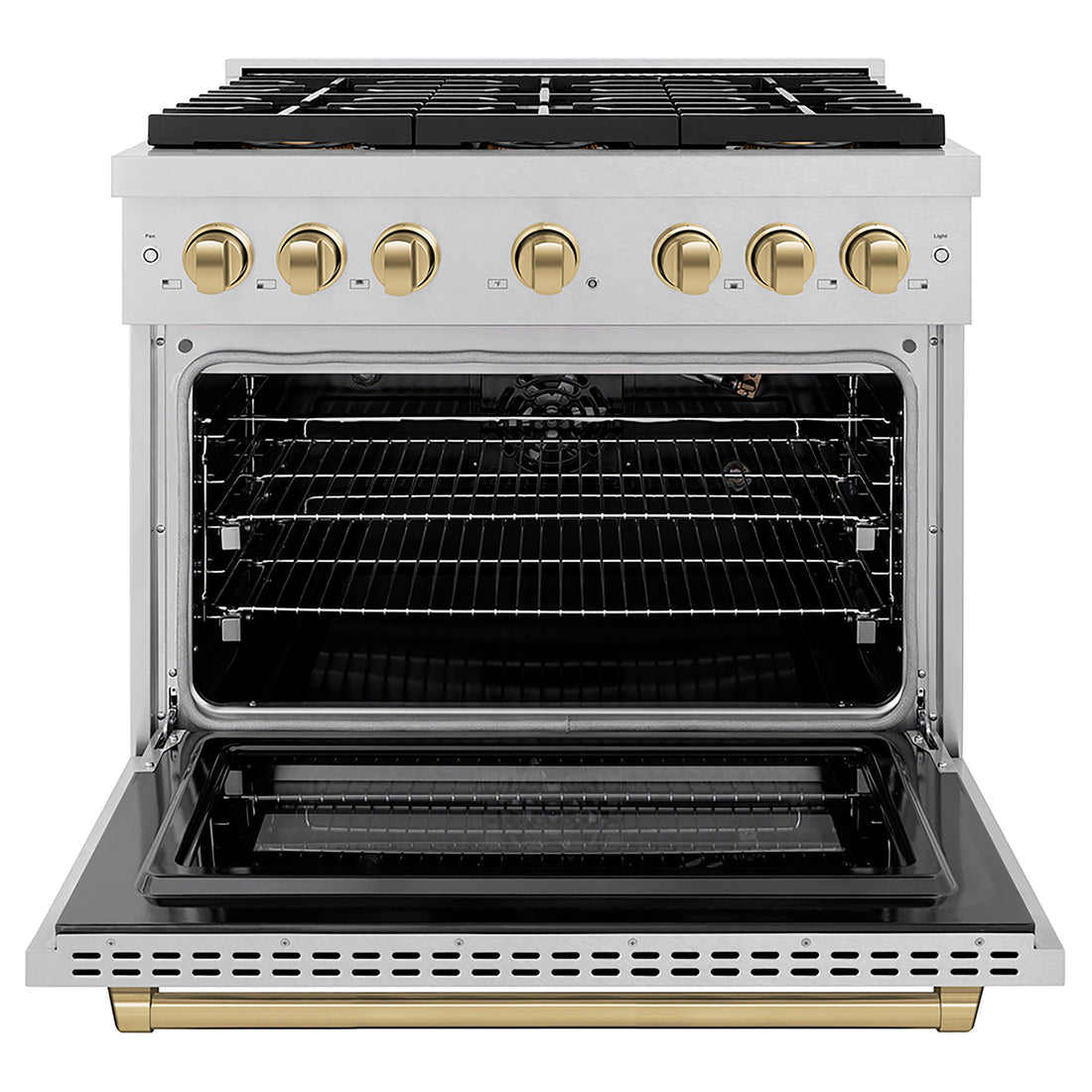 ZLINE 36 in. Gas Range 5.2 cu. ft. Convection Oven 6 Burner DuoPro™ Cooktop Satin Stainless Steel Champagne Bronze Accents (PSGRSZ-36-CB)